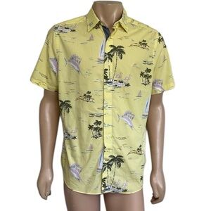 Nautica Yellow Multicolor Palm Tree Tropical Short Sleeve Buttons Hawaii Shirt M